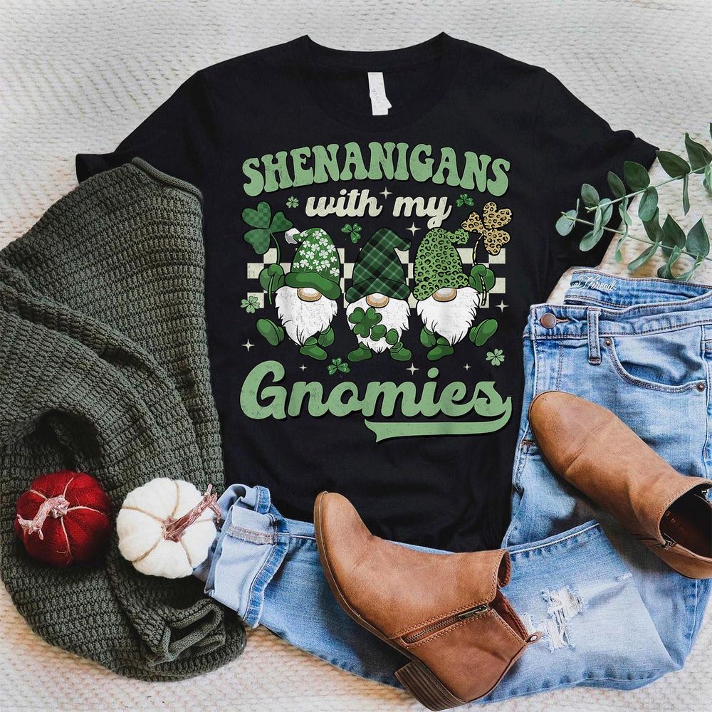 Retro Groovy St Patricks Day Shenanigans With My Gnomies Shirt Unisex Standard T-Shirt black s